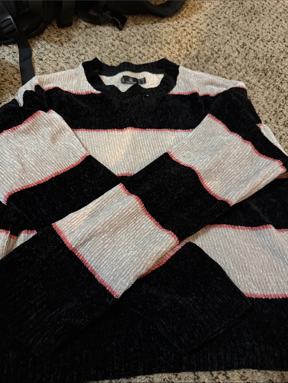 Volcom Black, White & Pink Stripe Crew Sweater